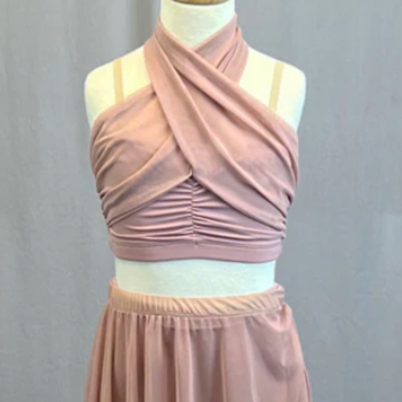 Dusty Rose Two Piece Halter Top with Long Mesh Skirt - Picture 1 of 3